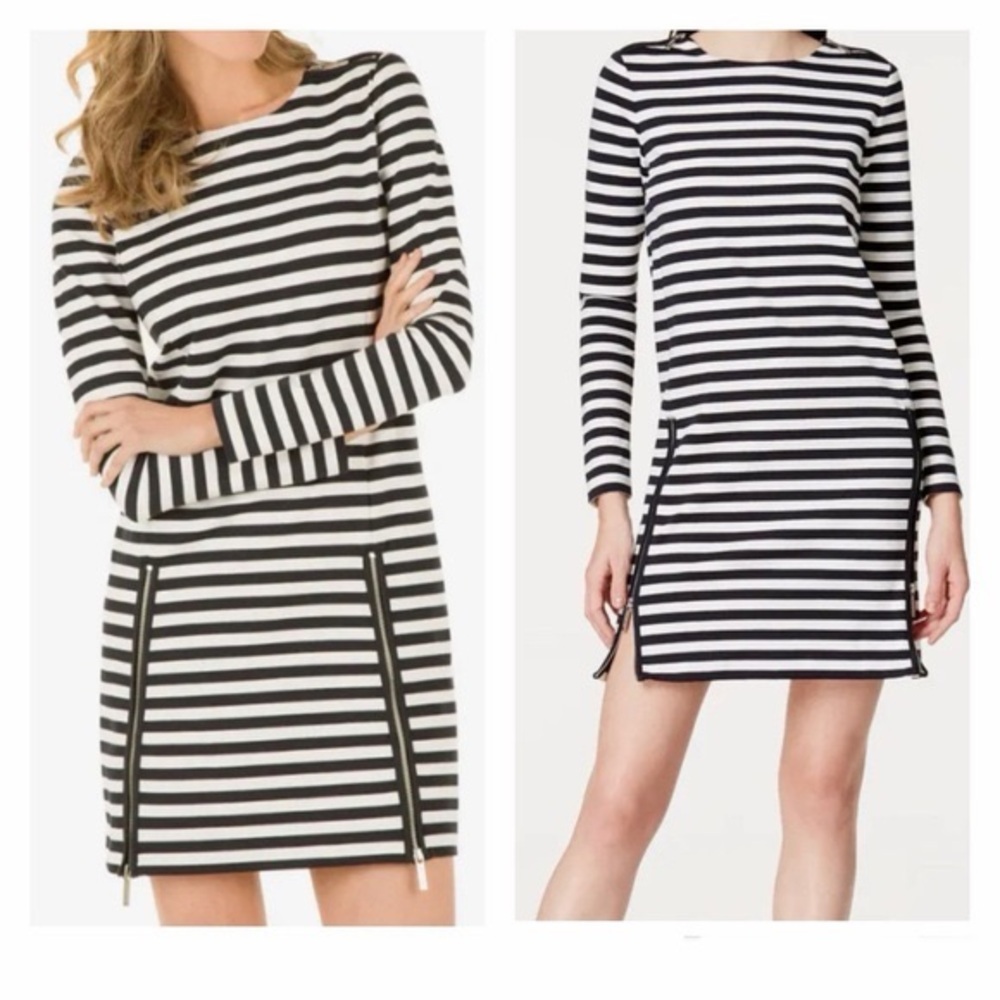 Michael Kors Black and White Striped Long Sleeve Dress